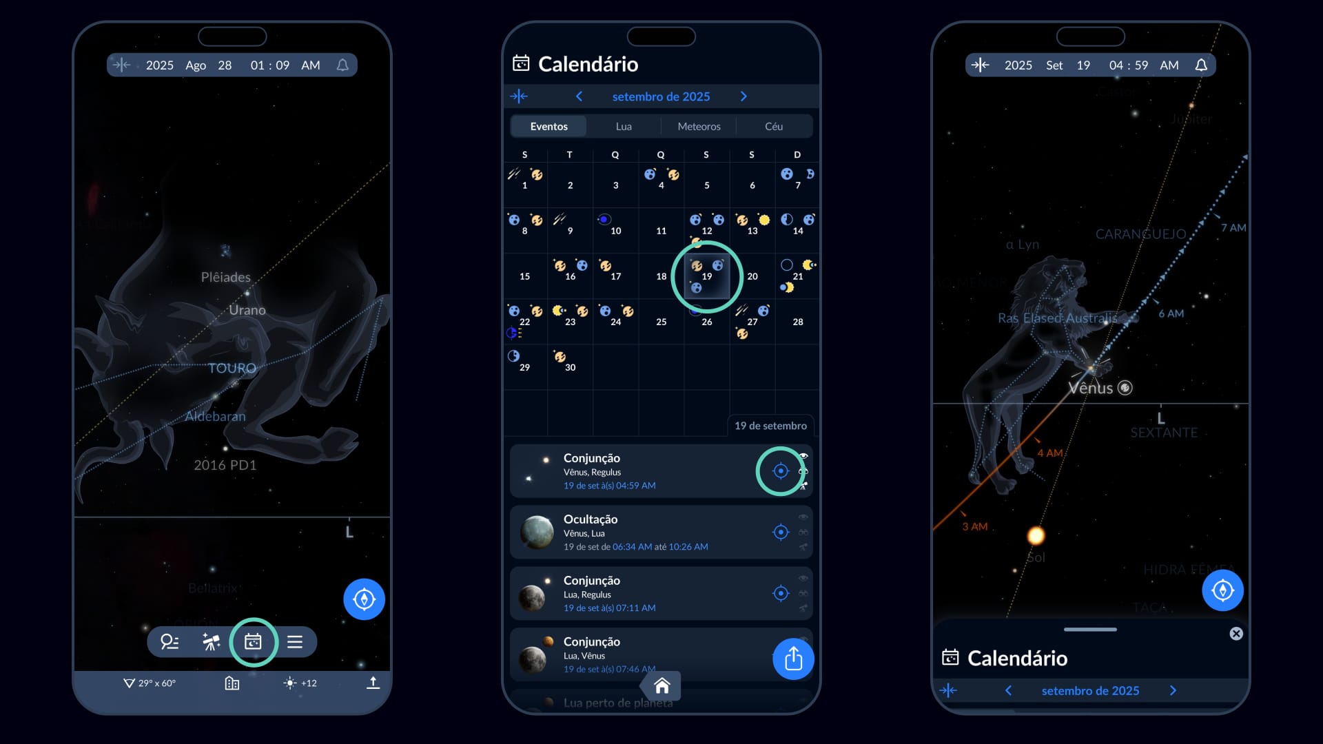 Calendário de eventos no Sky Tonight