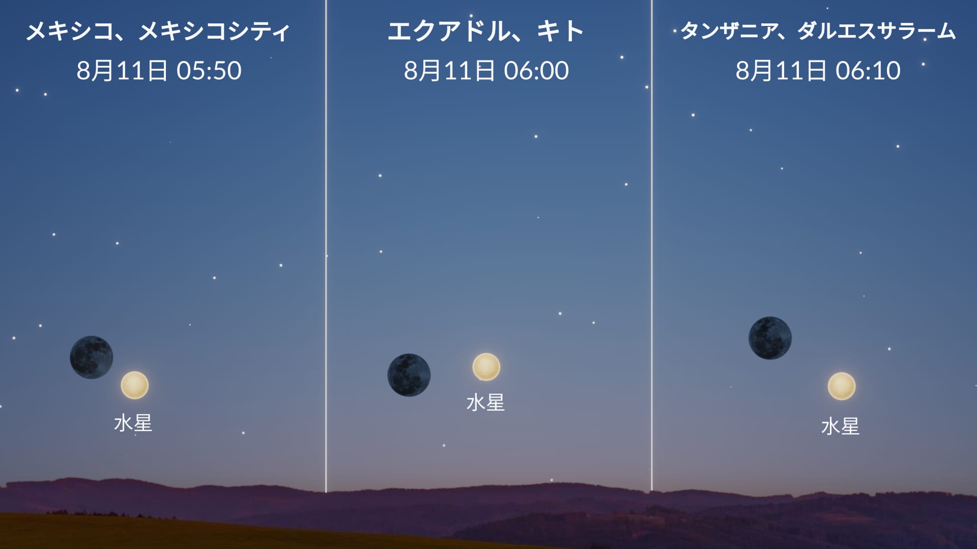 今夜の星空：8月11日に水星が月に接近