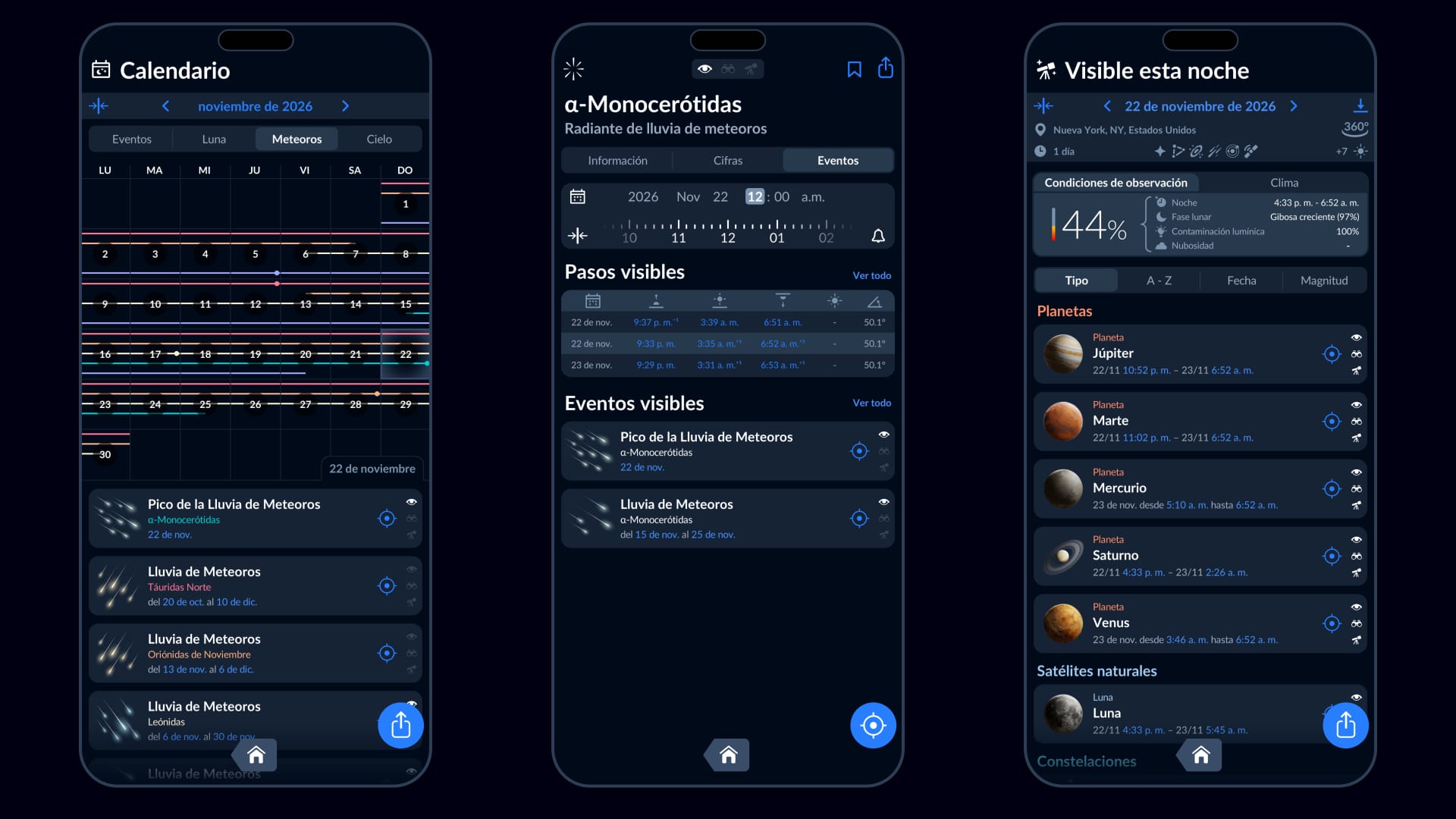 Lluvias de meteoros en la aplicación Sky Tonight