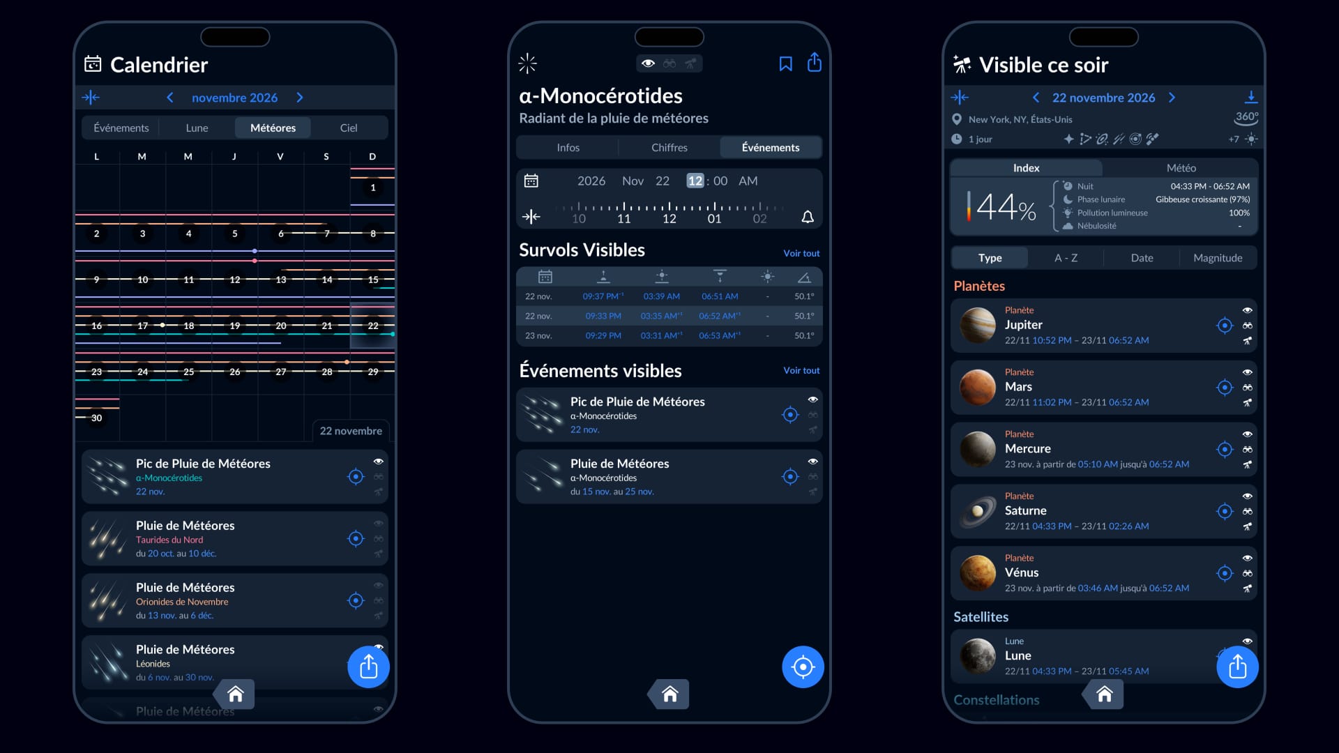 Pluies de météores dans l'application Sky Tonight