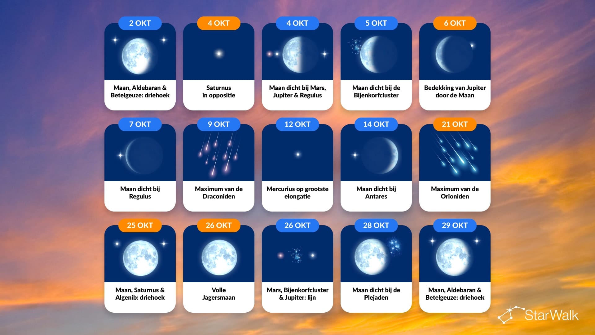 Kalender met hemelverschijnselen in oktober