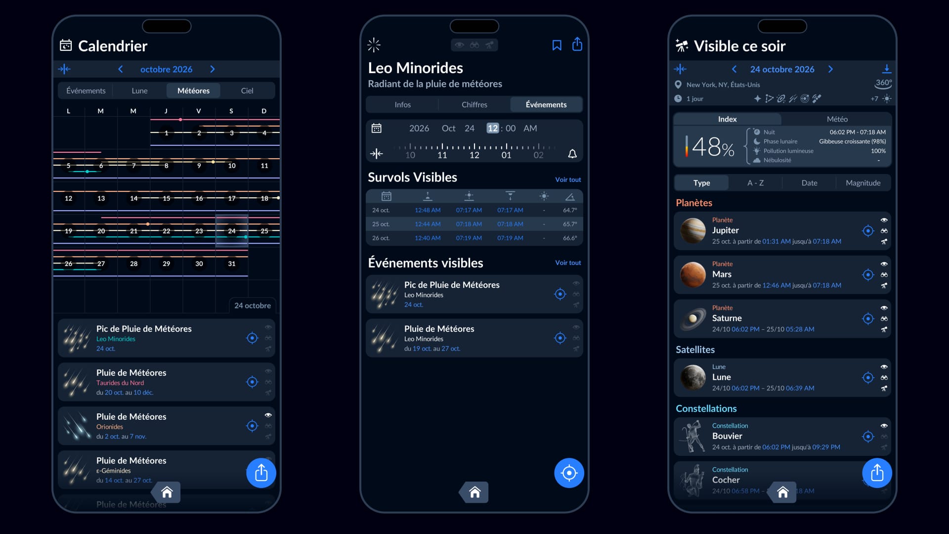 Pluies de météores dans l'application Sky Tonight
