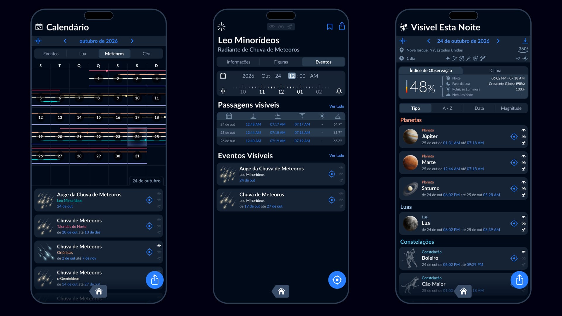 Chuvas de meteoros no aplicativo Sky Tonight