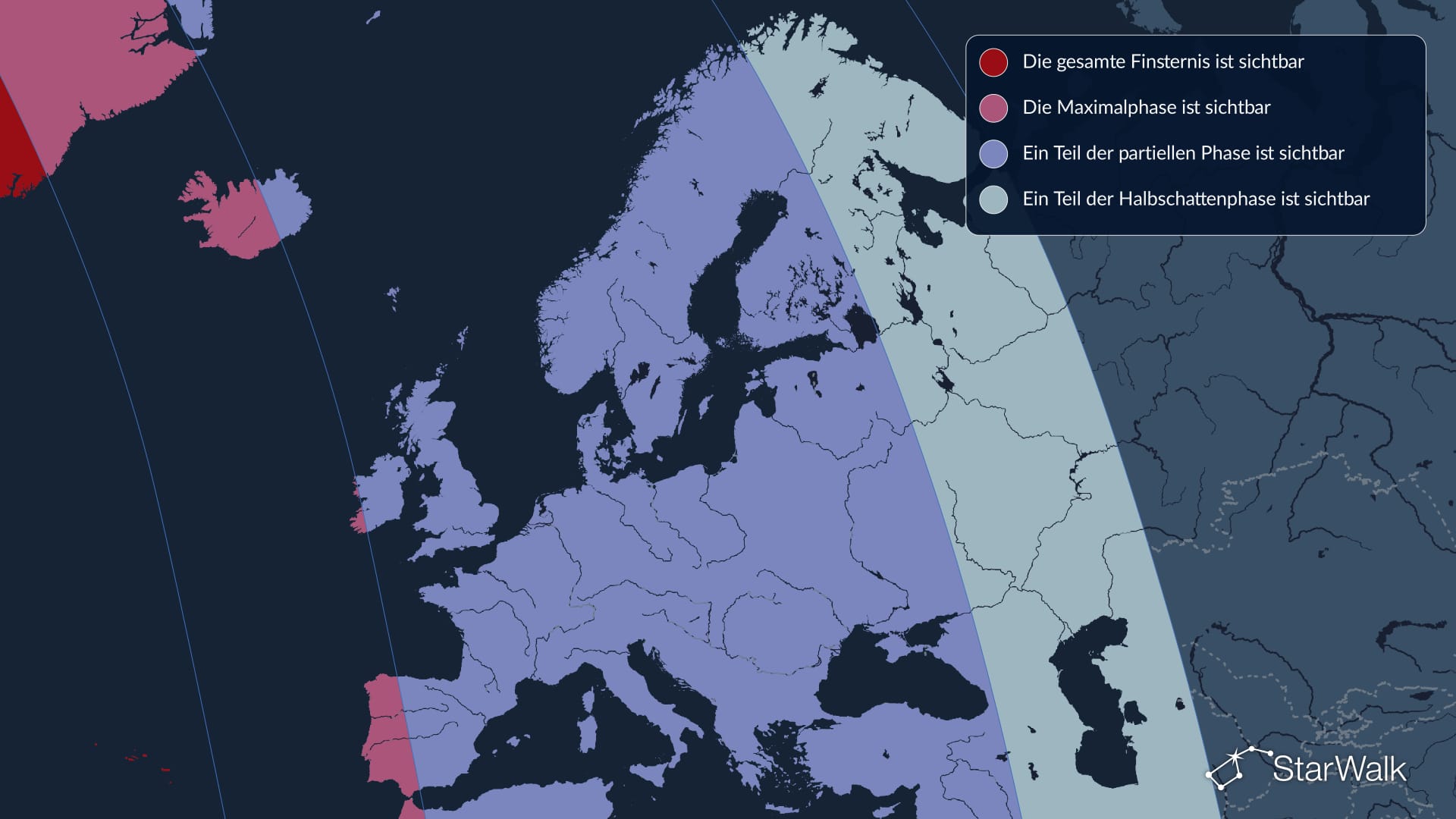 Sichtbarkeitskarte der partiellen Mondfinsternis 2026 für Europa