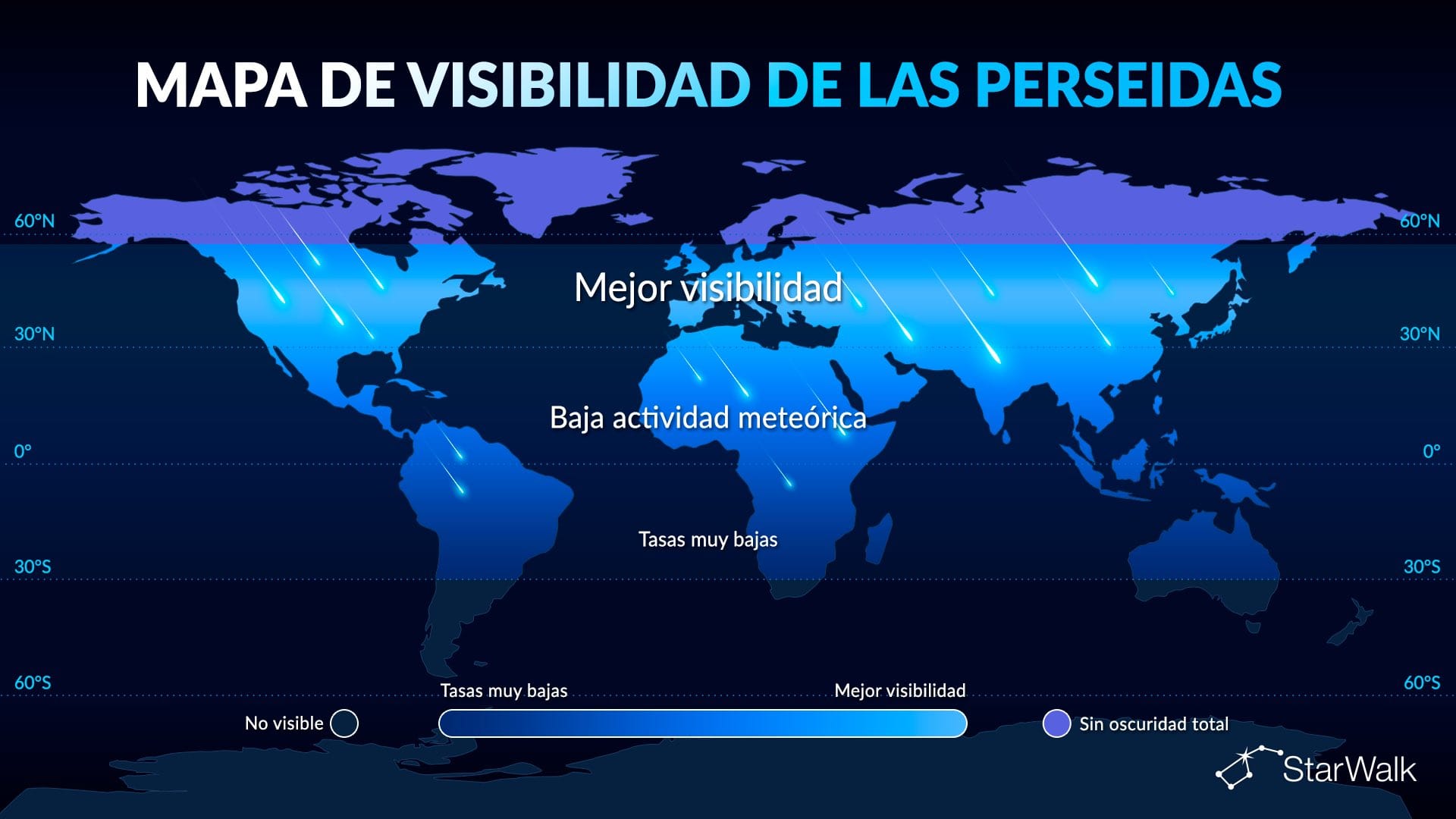 Mapa de visibilidad de la lluvia de meteoros Perseidas