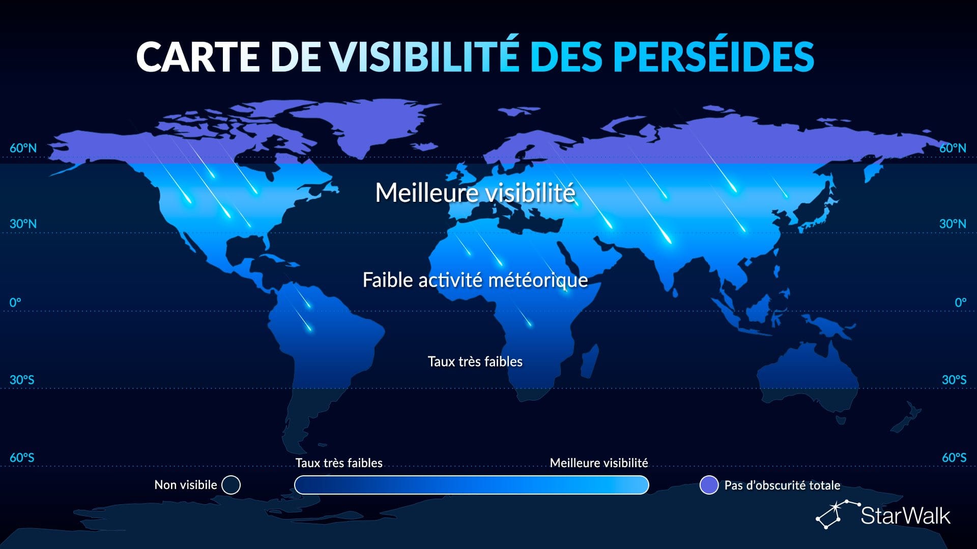 Carte de visibilité de la pluie de météores des Perséides