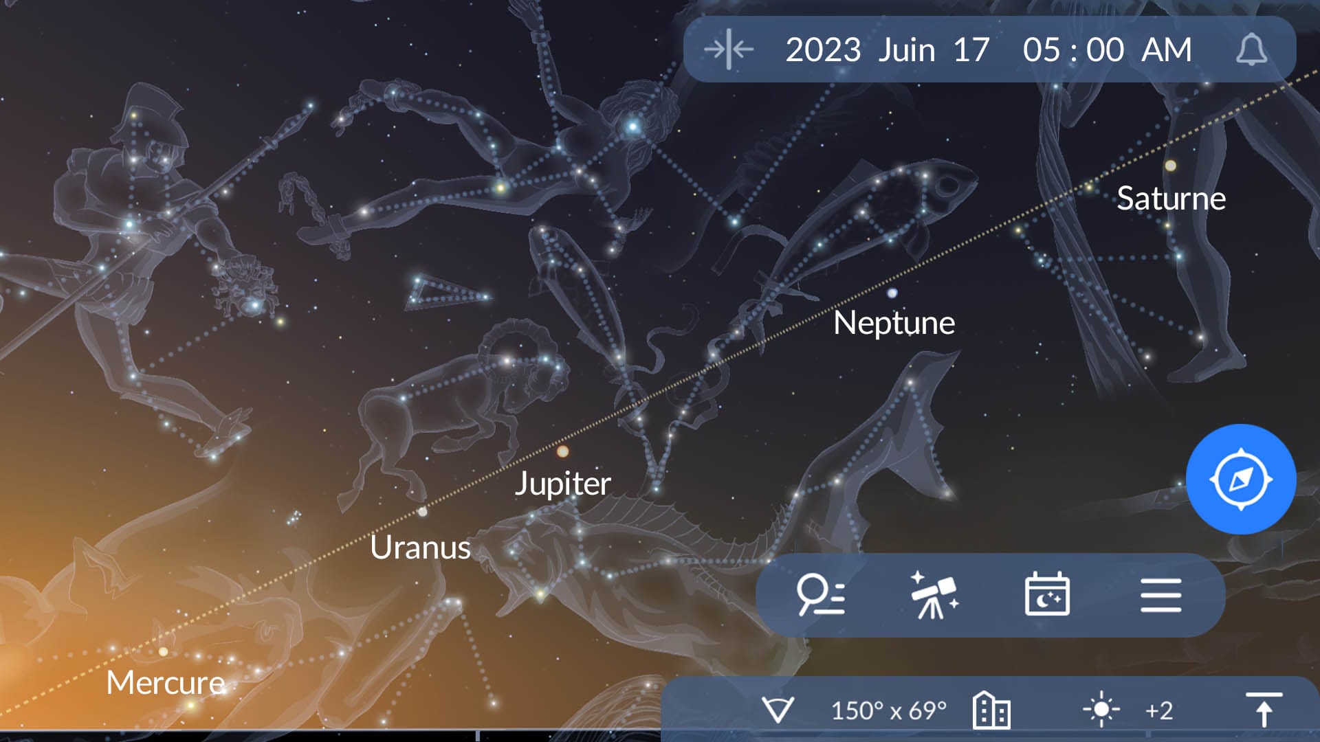 L'alignement planétaire du 17 juin affiché dans l'application Sky Tonight