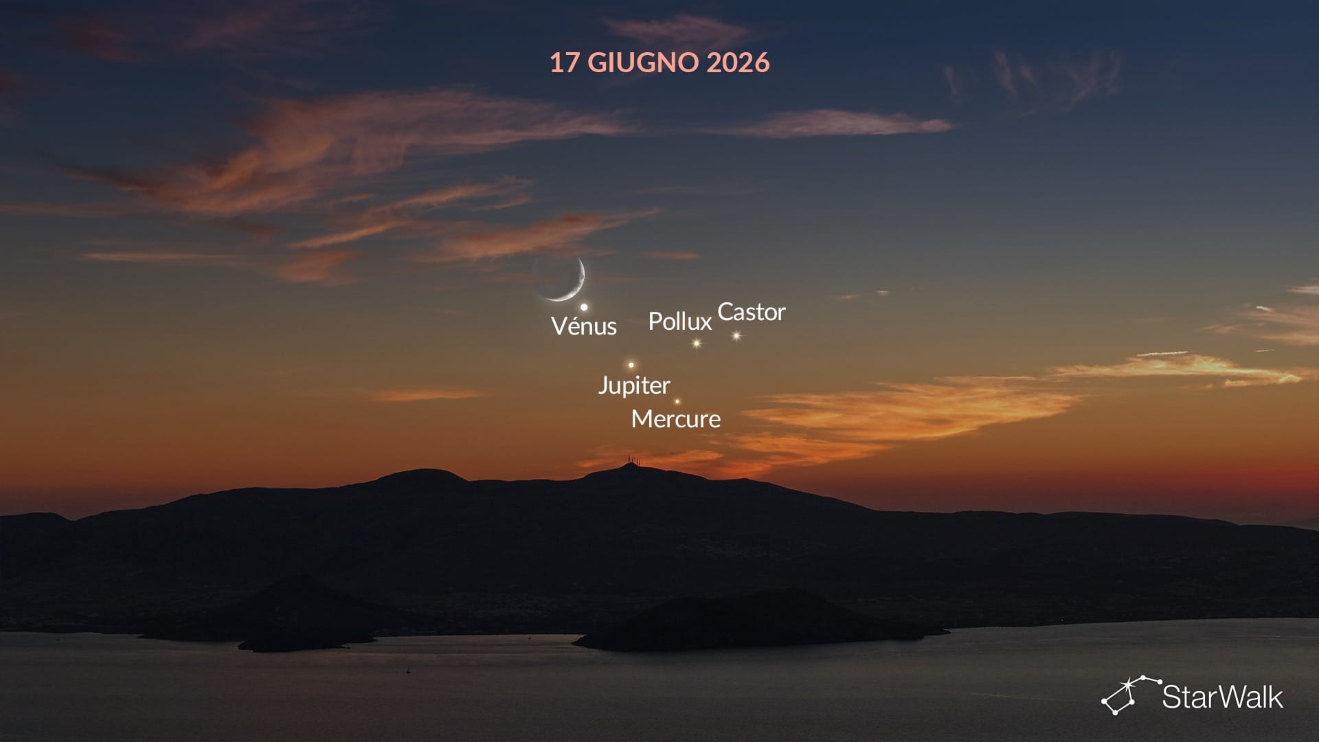 Luna crescente vicino all’allineamento planetario di giugno 2026