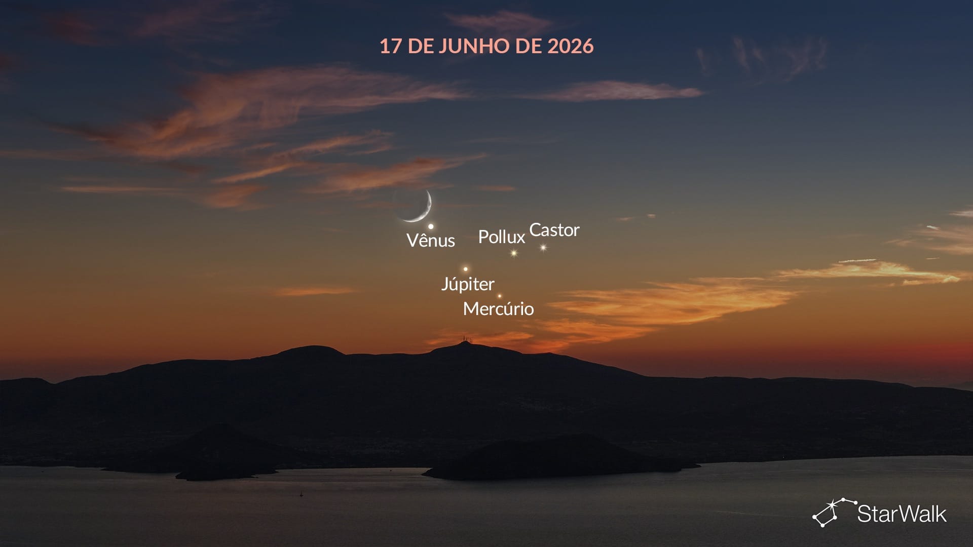 Lua crescente perto do alinhamento planetário de junho de 2026