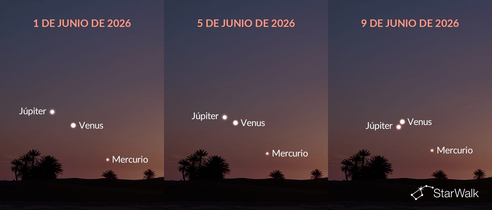 Venus y Júpiter acercándose a principios de junio de 2026