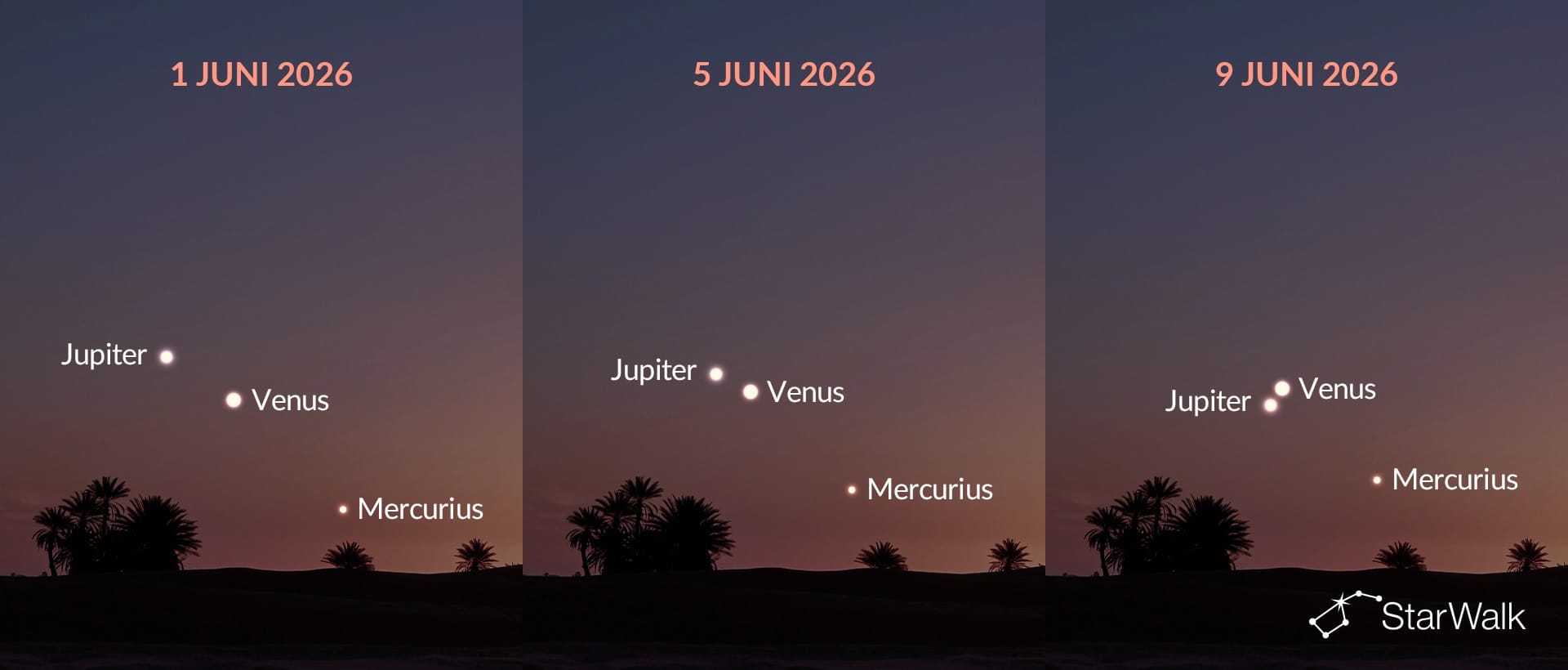 Venus en Jupiter naderen elkaar begin juni 2026
