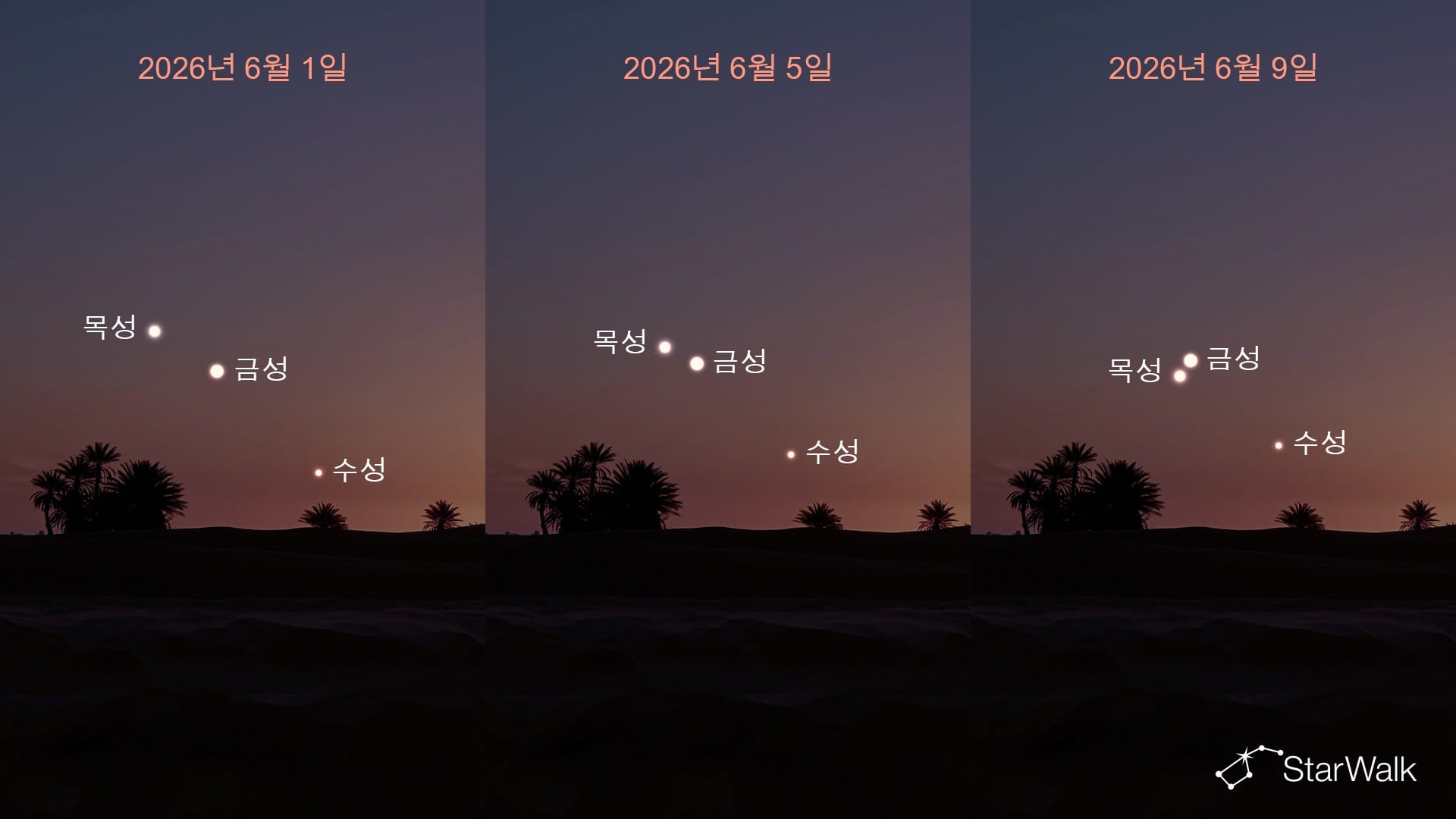 2026년 6월 초 서로 가까워지는 금성과 목성