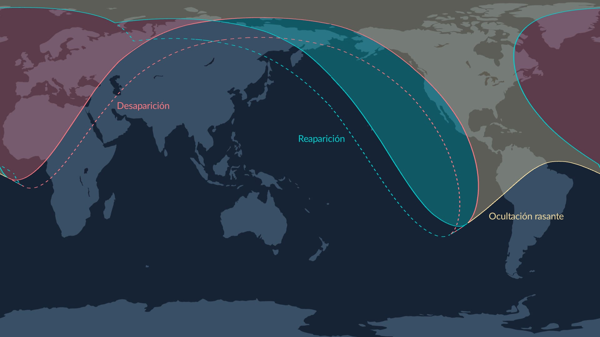 Mapa de visibilidad de la ocultación de las Pléyades del 3 al 4 de diciembre de 2025.