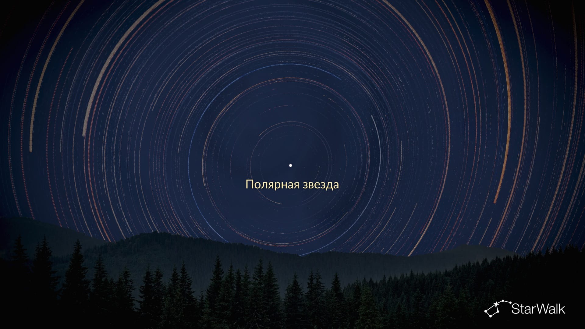 Звездные треки вокруг Северного полюса мира рядом с Полярной звездой.