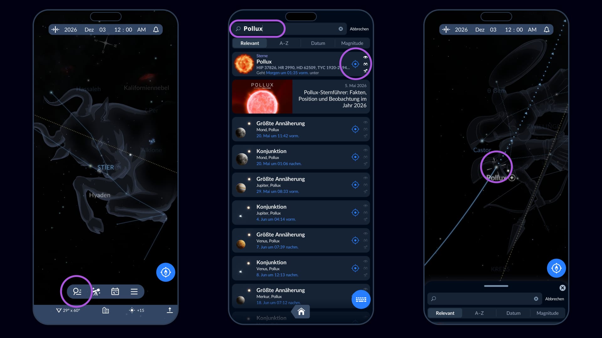 Pollux mit der Sky Tonight App finden