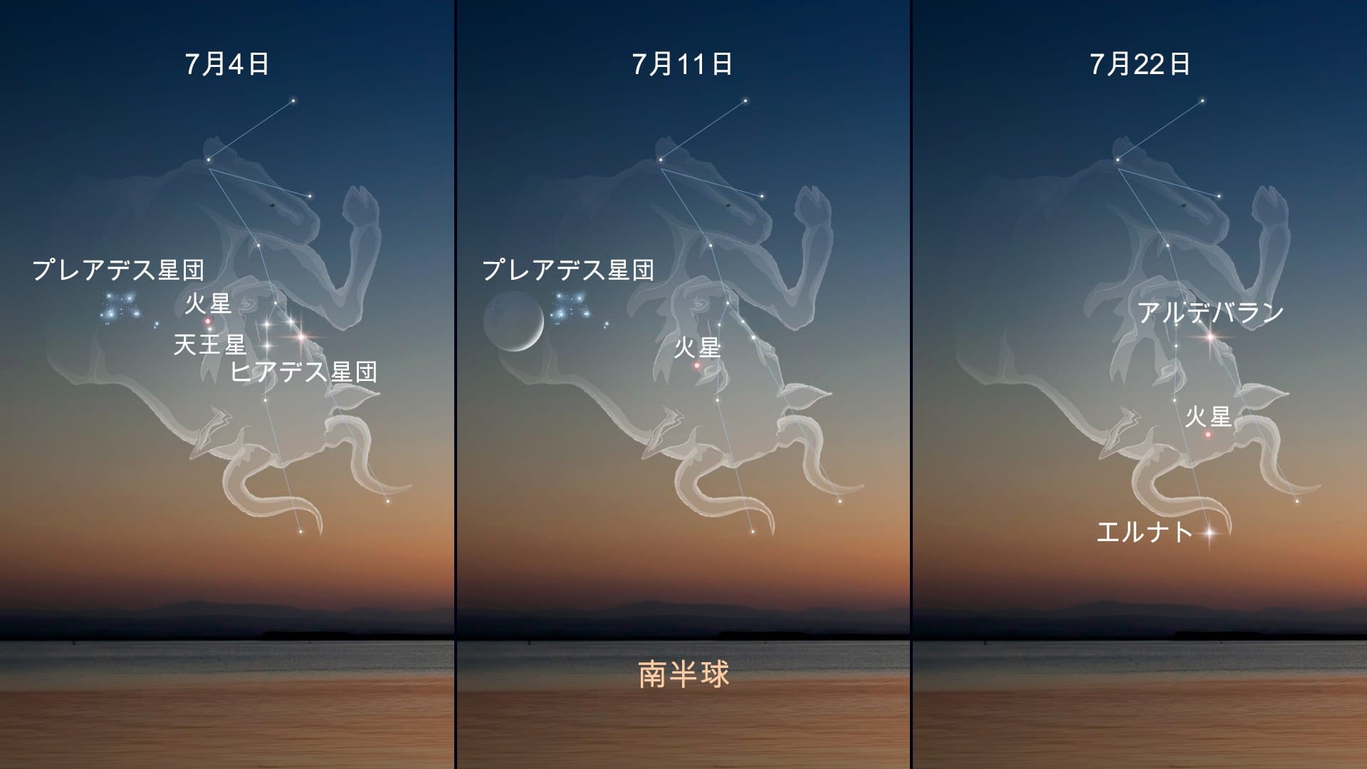 2026年7月の天文イベント:おうし座の火星 — 南半球