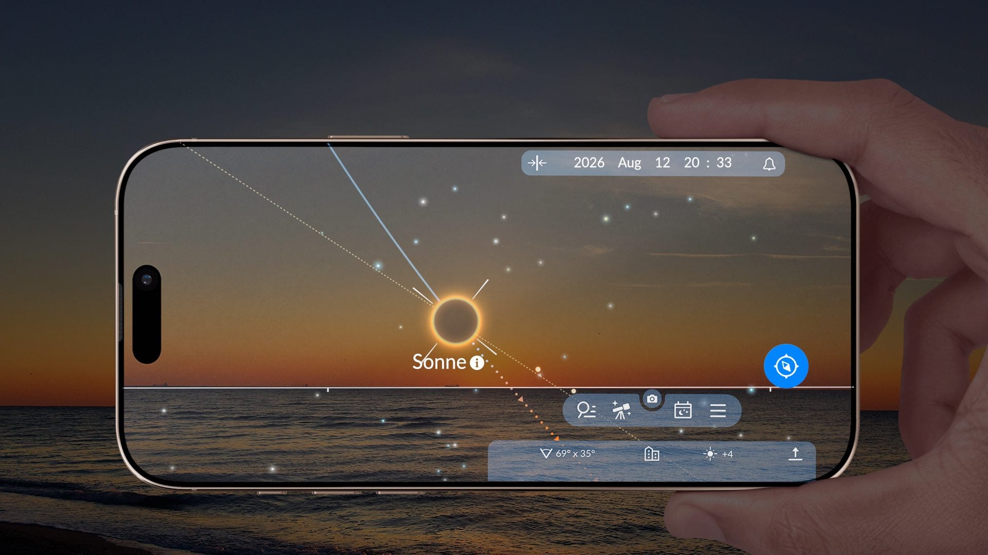 Die Planung eines Sonnenfinsternisfotos mit dem AR-Modus von Sky Tonight