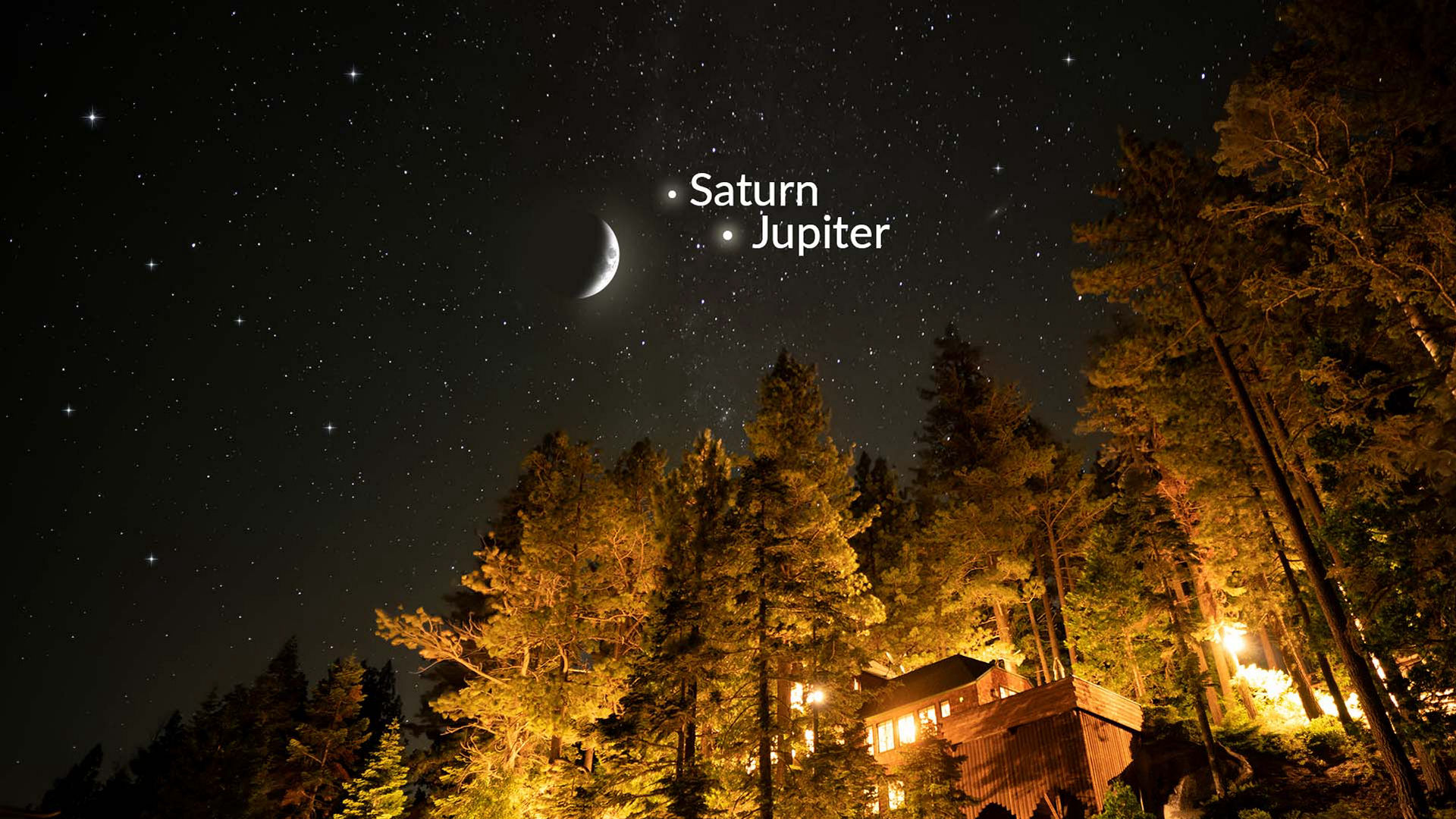 De maan, Jupiter en Saturnus schijnen samen