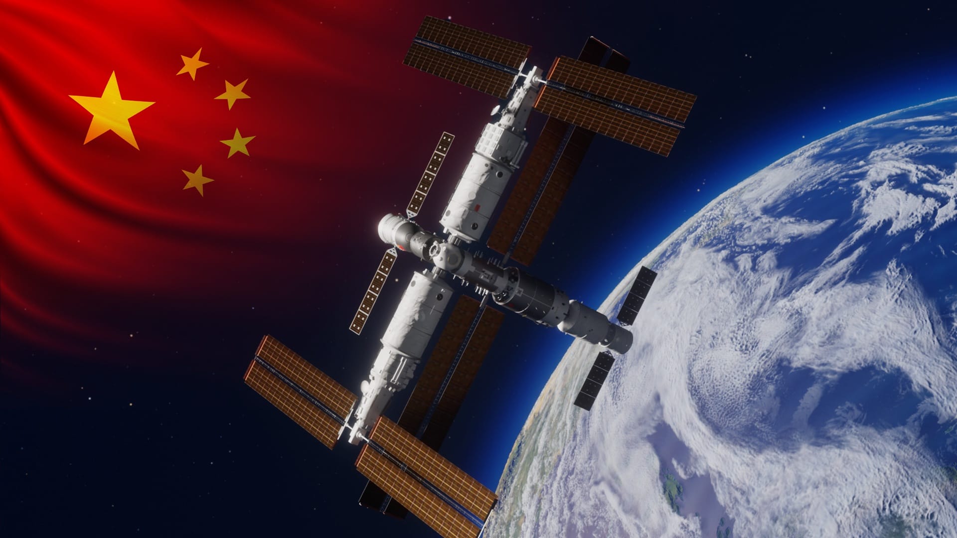 Tiangong Space Station with the flag of China