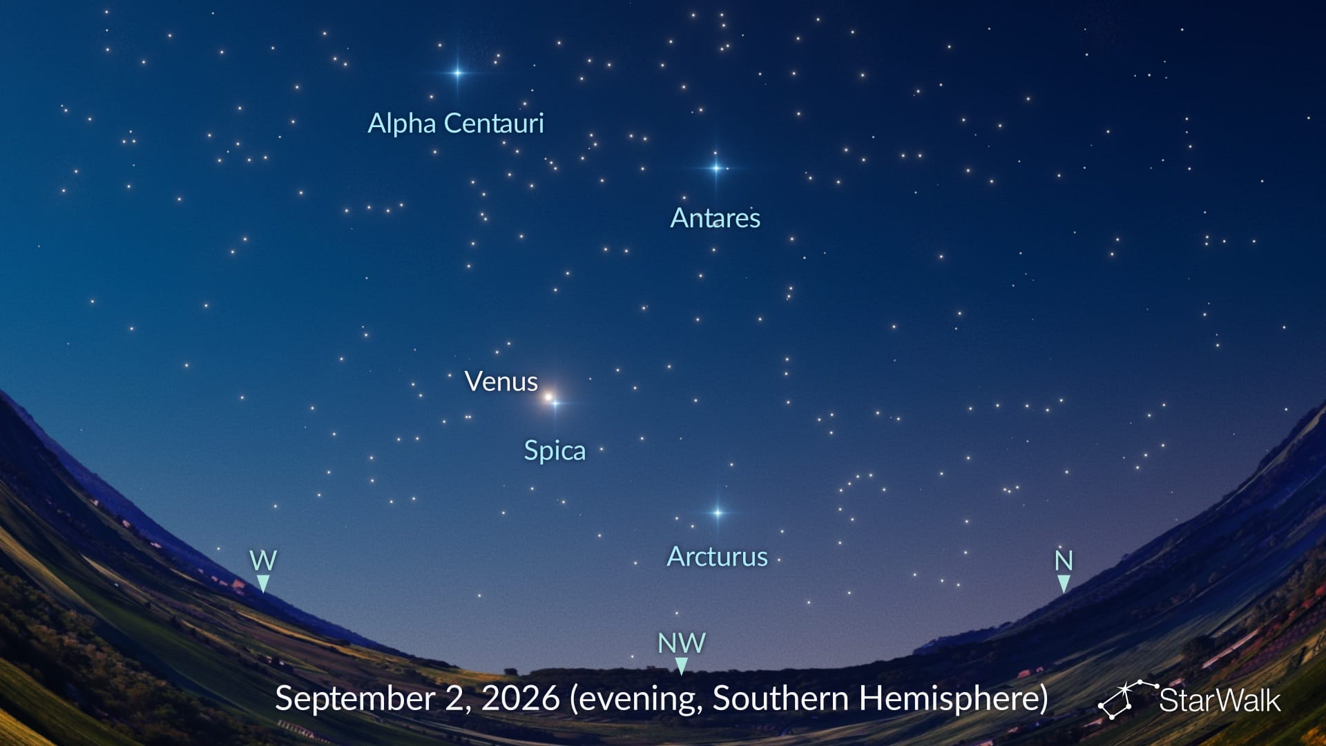Venus near Spica on September 2, 2026 (Southern Hemisphere)