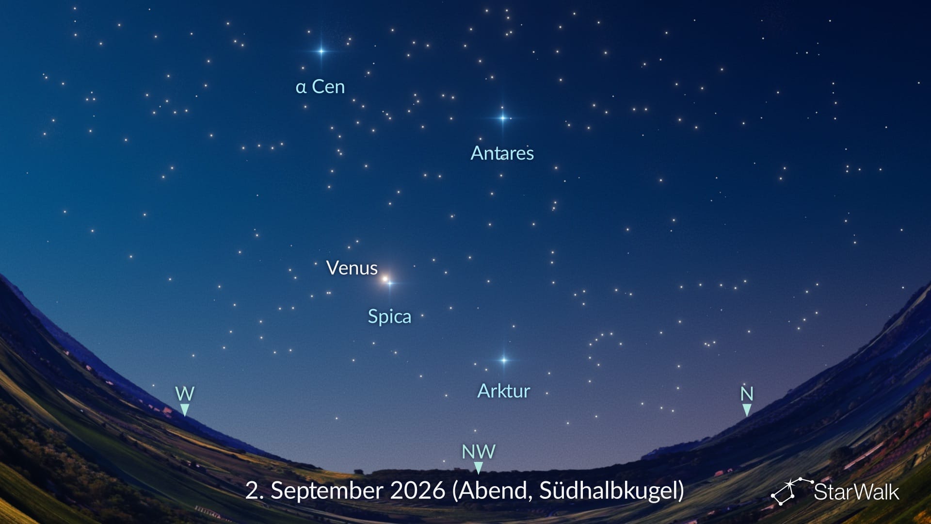 Venus nahe Spica am 2. September 2026 (Südhalbkugel)