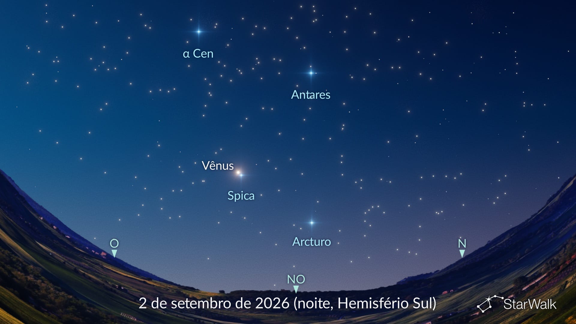 Vênus perto de Spica em 2 de setembro de 2026 (Hemisfério Sul)